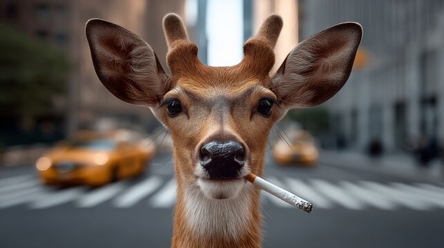 Deer is smoking a cigarette in the middle of a city street. The image is a creative and humorous take on the idea of a wild animal smoking a cigarette