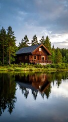 Obraz premium Rustic cabin by a tranquil lake (1)
