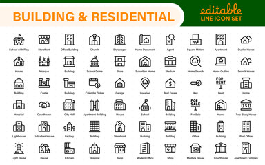 Building and residential icon set. Containing house, office, bank, school, hotel, shop, university and hospital icons. Solid icon collection.