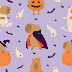 Seamless pattern with funny halloween capybaras