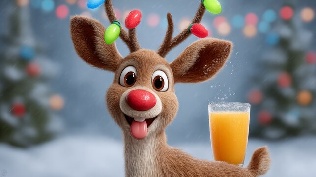 Cartoon reindeer is holding a glass of orange juice. The reindeer is smiling and has a red nose. The scene is set in a snowy environment with Christmas lights in the background - Powered by Adobe