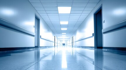 Obraz premium A long hospital hallway with glowing ceiling lights, creating depth and a cool-toned atmospheric effect.