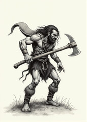 Obraz premium Savage hunter with deep-set brow and thick forearms holding stone axe – primal character for old-school fantasy RPG tabletop setting, tribal wildling or cave-dwelling survivor design