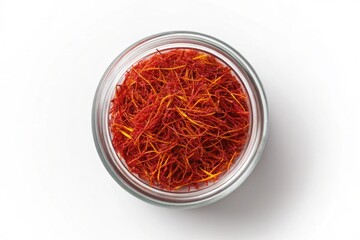 Fototapeta premium Overhead shot of saffron threads in a glass jar isolated on white background