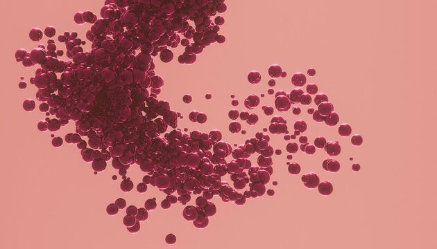 Abstract ruby crystal spheres with light rays on pink background