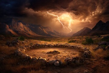Dramatic lightning storm over a stone circle in a mountain valley