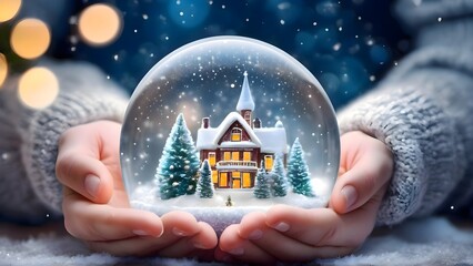 Close-up of hands holding a snow globe that contains a small house inside, symbolizing holiday coziness and winter memories during festive season.