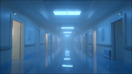Fototapeta premium A long hospital hallway with glowing ceiling lights, creating depth and a cool-toned atmospheric effect.
