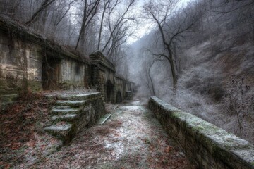 Frosted ruins, pathway through winter woods