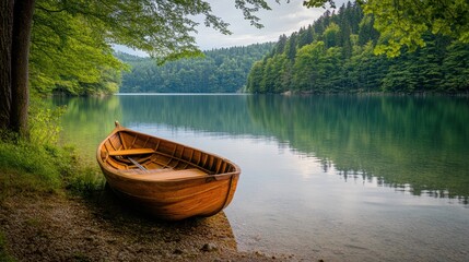 Fototapeta premium Wooden boat on forest lake with reflections 
