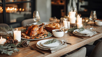 Naklejka premium Thanksgiving dinner table is set with a roasted turkey, lit candles, and festive decor.