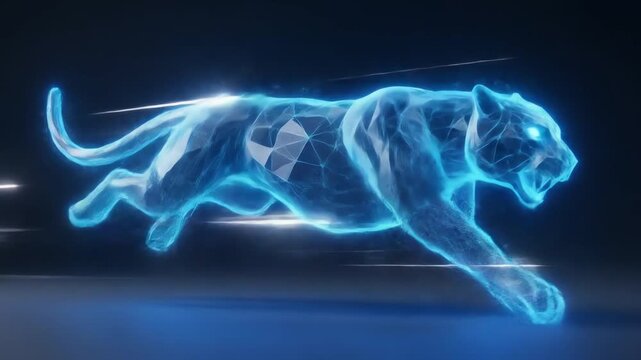 Glowing blue outline of a running panther in motion against a dark background with neon light trails.