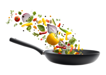 Flying Chicken and Vegetable Stir fry, into a frying pan isolated on a transparent background
