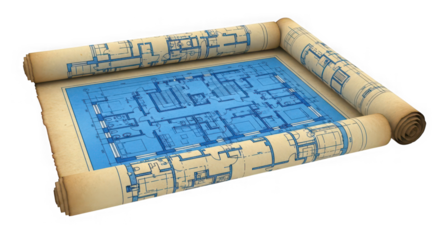 Unrolled architectural blueprint with detailed plans