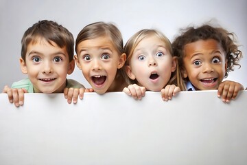 Four diverse children express surprise and excitement peeking over a white banner