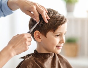Fototapeta premium A young boy gets a haircut at home from his mother, who is carefully cutting his hair with scissors. A heartwarming family moment.