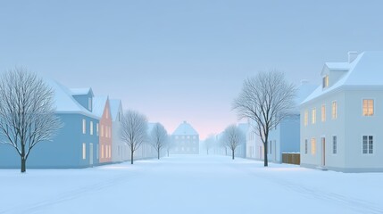Peaceful Winter Scene with Snowy Houses and Bare Trees