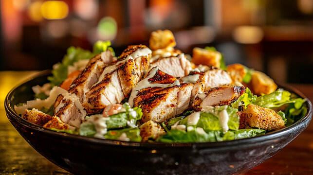 Grilled Chicken Caesar Salad: A close-up, appetizing view of a delicious Caesar salad featuring fresh romaine lettuce, croutons, grilled chicken, and creamy dressing.