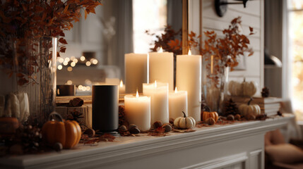 Cozy Thanksgiving scene features pumpkins, candles, and warm autumn decor, creating a welcoming atmosphere.