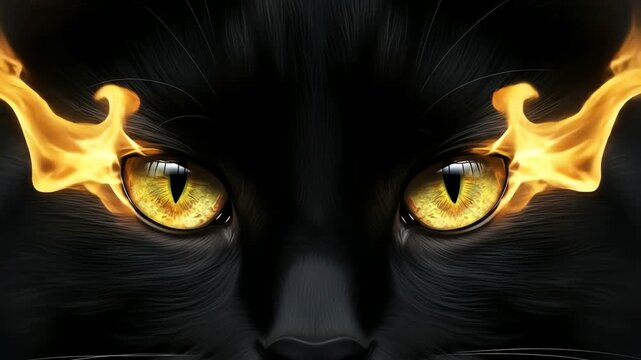 Close-up of a black cat's face with fiery yellow eyes and flames around them on a dark background.