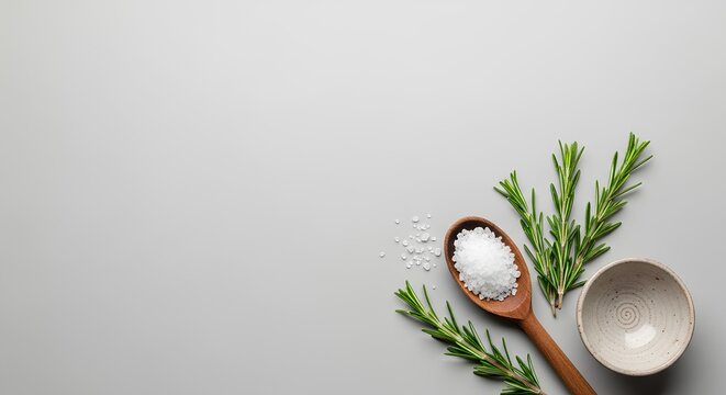 Aromatic rosemary sprigs and coarse sea salt in a wooden spoon. Flat lay for natural cooking, wellness, or spa concepts.