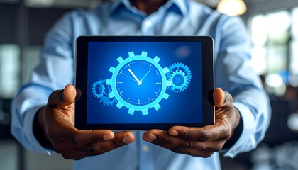 Man displays tablet showing clock gears
