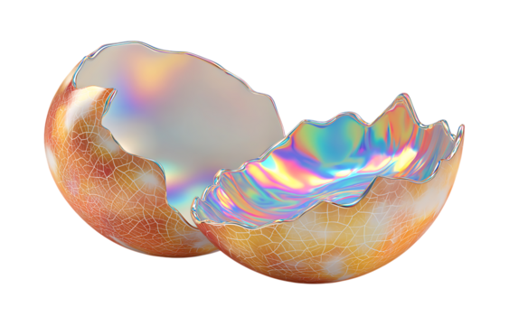 Easter egg broken into two pieces with holographic rainbow liquid pouring out of the shell isolated on a transparent background