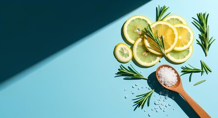 Fresh culinary ingredients flat lay with lemon, rosemary, and sea salt on a vibrant blue background with hard shadows and copy space.