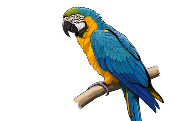 Obraz premium illustration of an exotic Blue-and-Yellow Macaw parrot perched on a branch against a white background