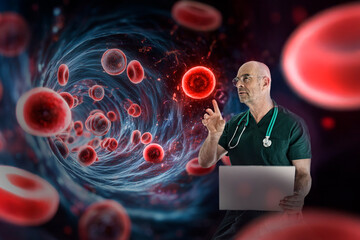 Doctor analyzing blood cells with holographic technology for research