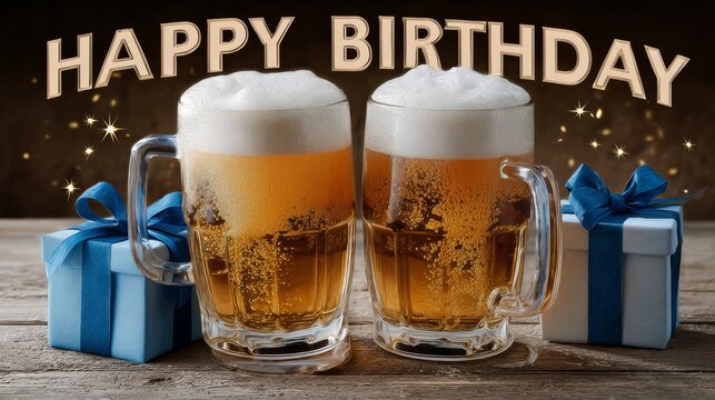 Pair of beer glasses with a box of gifts in the background. The image conveys a festive and celebratory mood, likely for a birthday or other special occasion