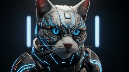Close-up portrait of a futuristic robotic cat with glowing blue eyes and neon lines on its face and body against a dark background with vertical lights. - Powered by Adobe