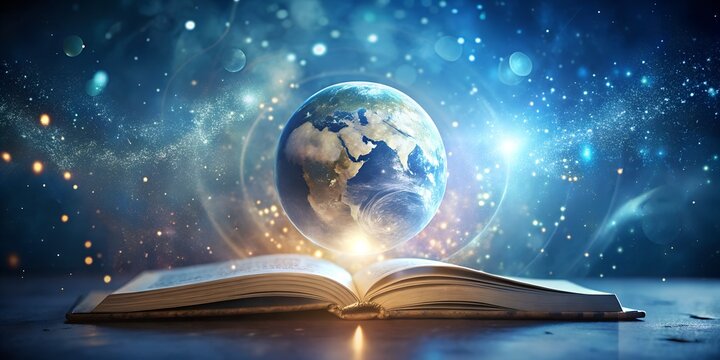 Photo of an open book glows with cosmic energy, revealing the universe and galaxy, symbolizing knowledge, discovery, and the vastness of space and learning