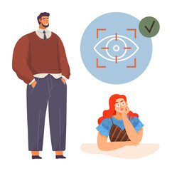 Man standing confidently, woman thinking at desk, eye focus icon with checkmark. Ideal for decision-making, focus, vision, planning, teamwork analysis leadership concepts. Simple flat metaphor