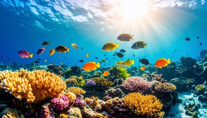 Obraz premium Vibrant Underwater Paradise: Coral Reef teeming with colorful fish