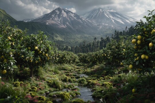 Lush valley with lemon trees, a stream, and snow-capped mountains