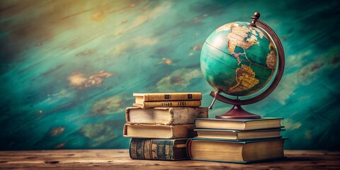 Photo of vintage globe and stack of old books on a wooden desk, symbolizing global knowledge, education, and the pursuit of learning