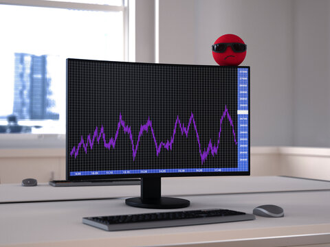 Angry emoji with sunglasses and stock chart loss in modern office