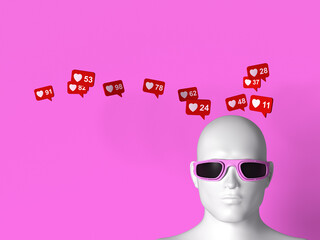 3d avatar with sunglasses and social media like icons on pink background