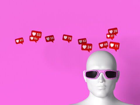 3d avatar with sunglasses and social media like icons on pink background