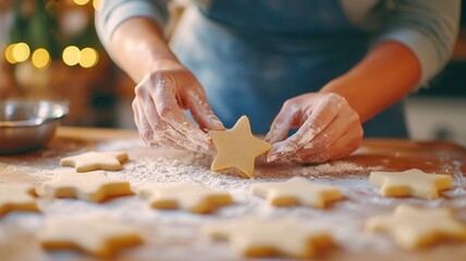 christmas baking festive Woman cookies in a cozy kitchen, joyfully holding a star shaped cookie, surrounded by delicious ingredients