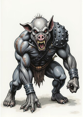 Savage pig-man creature with hunched posture, dark gray hide, and chest scars – grotesque fantasy RPG monster for old-school tabletop setting, tribal brute or beastman enemy