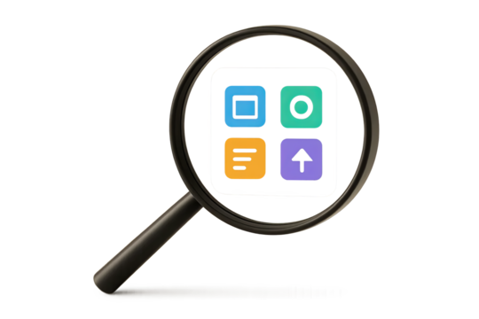 Magnifying glass with options on colorful square app icons on transparent background