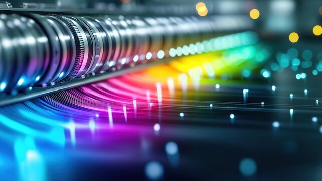 Industrial printing machine producing a vibrant spectrum of colors, showcasing the dynamic of process modern printing technology