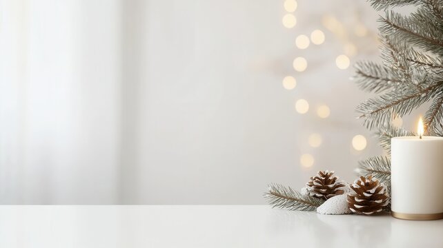 Burning candle, pine cones and fir branches creating a christmas atmosphere on a white lights with blurred table