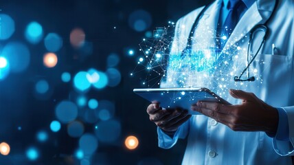 Medical professional using tablet, displaying hologram of data analysis and network connection, healthcare innovative representing technology