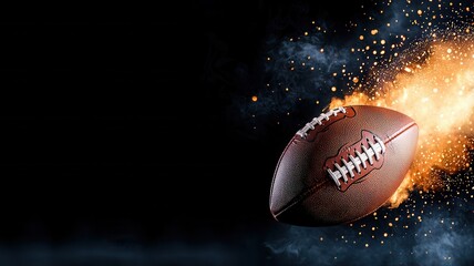 Burning leather football trailing fiery smoke, dramatic sports concept with blazing motion against dark backdrop