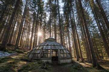 Old glass dome greenhouse in a sunlit forest