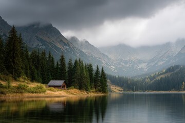 Fototapeta premium Mountain landscape with wooden cabin by clear lake under dramatic skies, soft morning light, ideal for eco-retreats and sustainable tourism in cinematic photography.