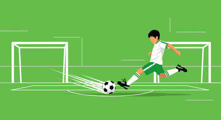 Fototapeta premium Dynamic Soccer Player Kicking Ball Towards Goal On Green Field